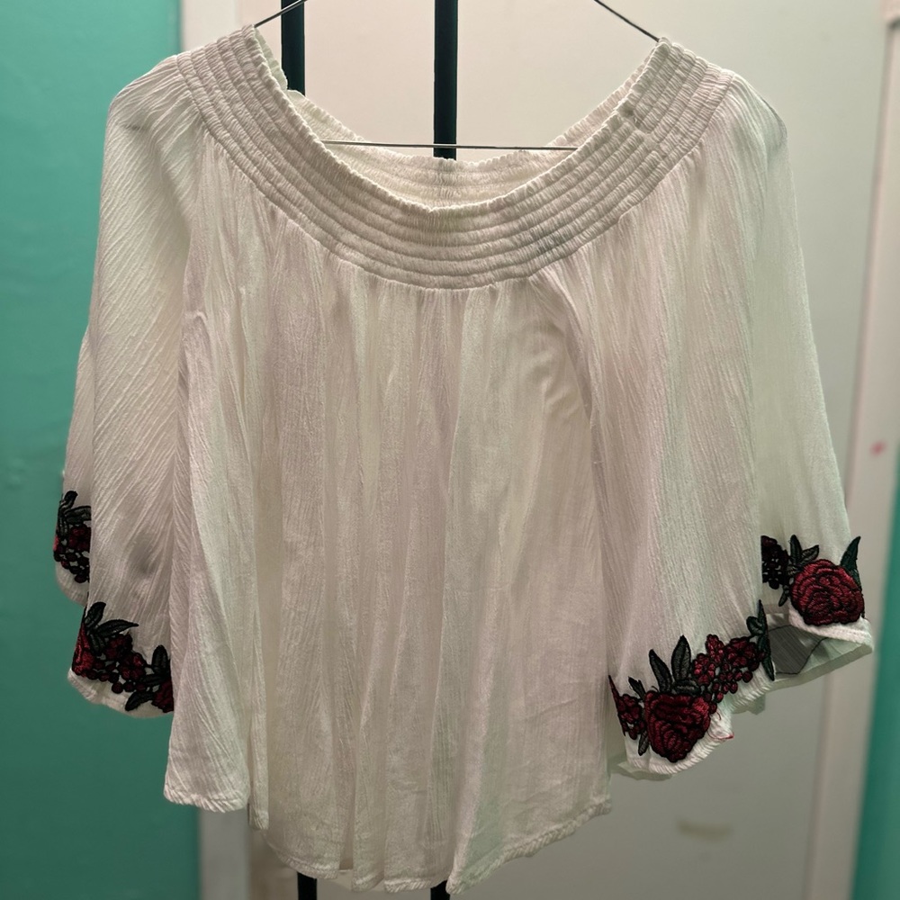 Off the Shoulder Sheer White Blouse with Embroidered Rose